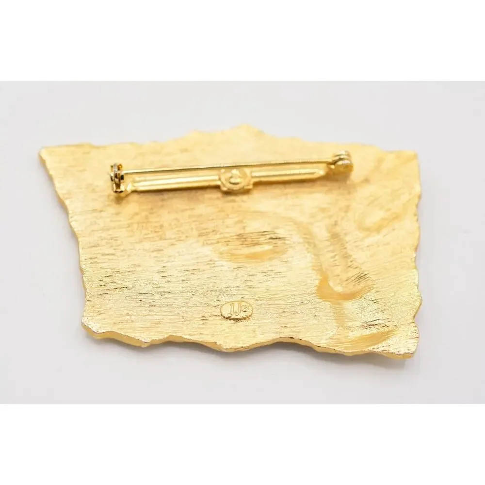 JJ Vintage Pin Brooch Asian Abstract Statue Brushed Gold Signed 1980s BinAJ